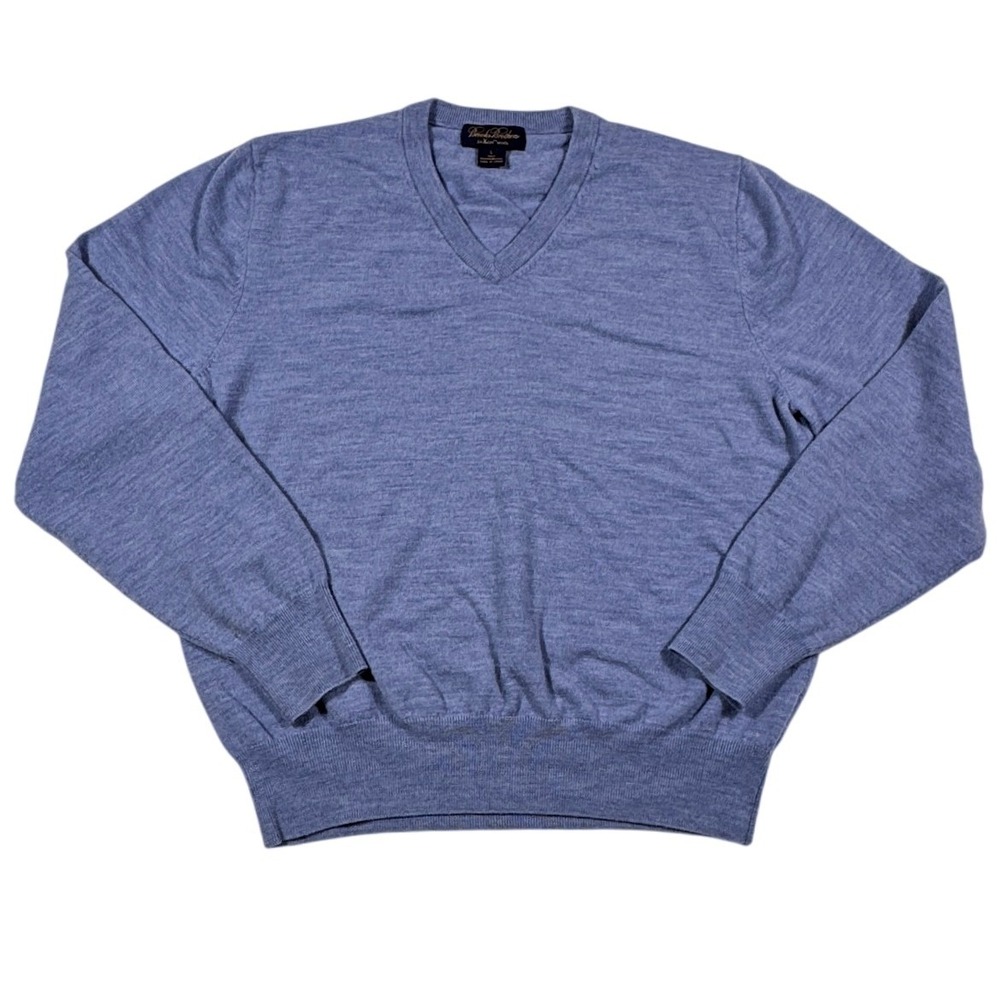 Brooks Brothers Saxxon Wool V-Neck Sweater Mens Large Light Blue‎ Knit Pullover
